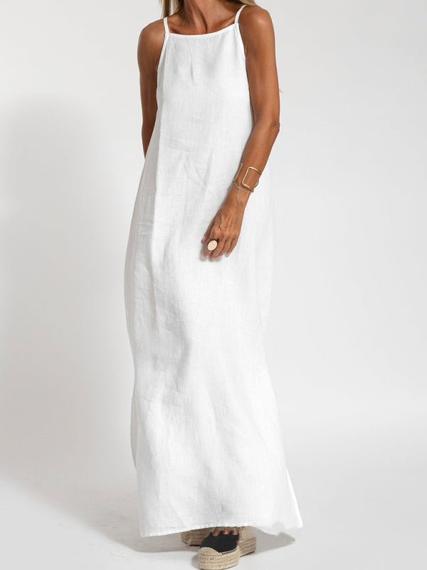 Damen Maxi Kleid Halter mit Seitenschlitz aus Baumwoll-Leinen-Mischung 6