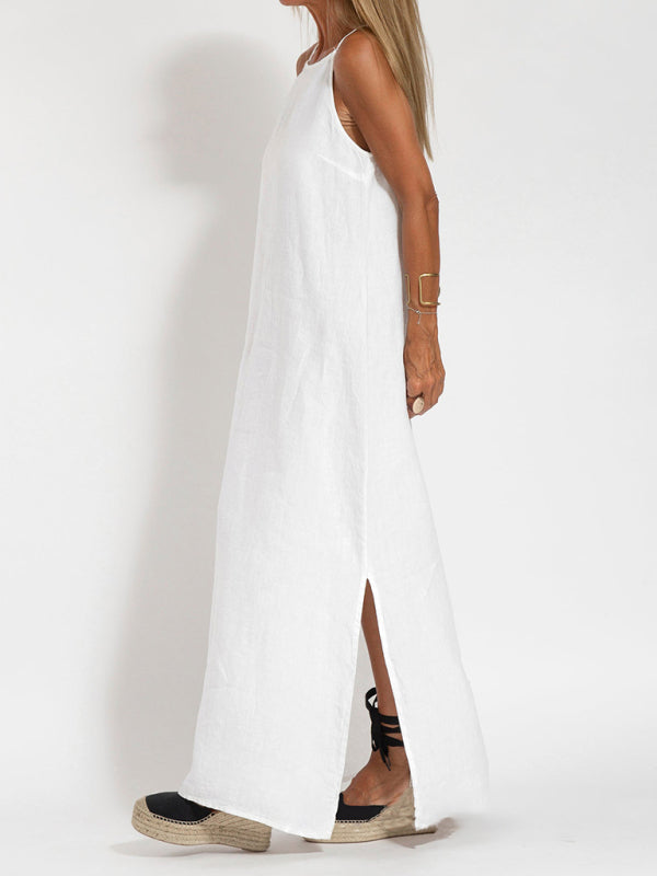 Damen Maxi Kleid Halter mit Seitenschlitz aus Baumwoll-Leinen-Mischung 7