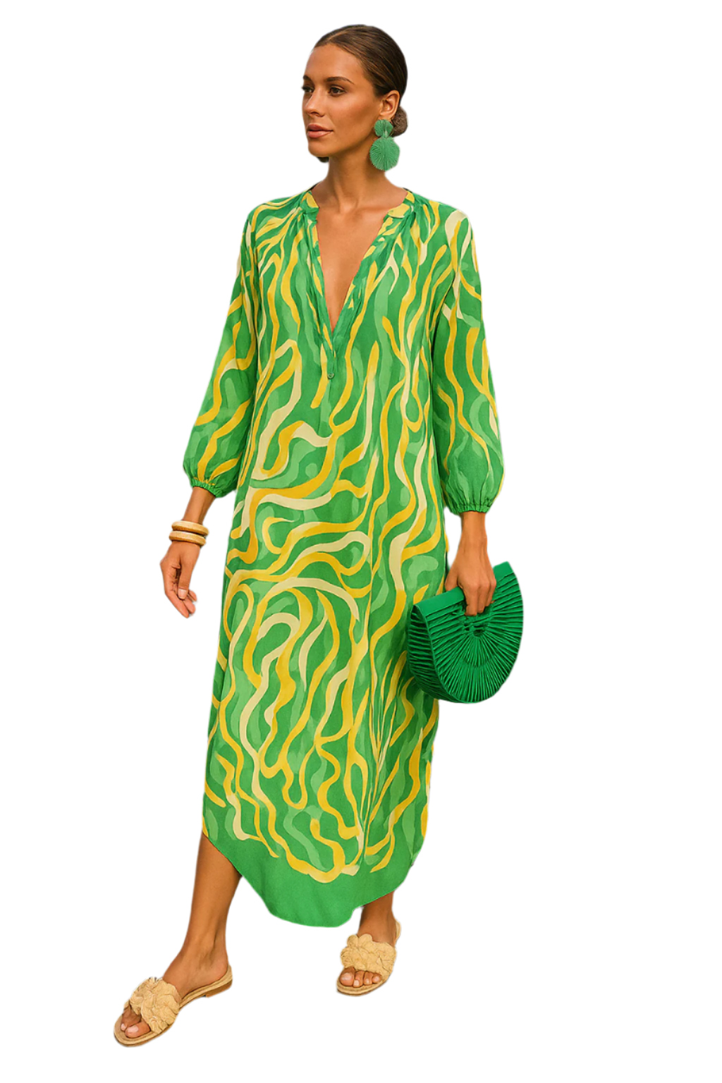 Damen Maxi Kleid Mit Tiefer V-Hals Und Verspielt-Muster 0