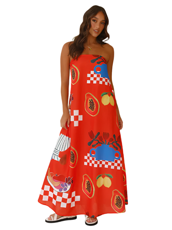 Damen Maxi Kleid Tropenmotiv Fließendes Design 0