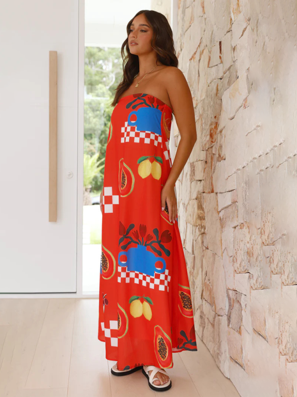 Damen Maxi Kleid Tropenmotiv Fließendes Design 3