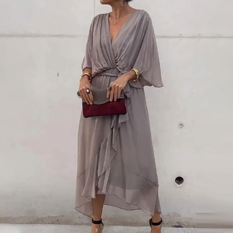 Damen Maxi Kleid V-Ausschnitt Plus-Size Mit Taillengürtel Atmungsaktive Stoffe 4