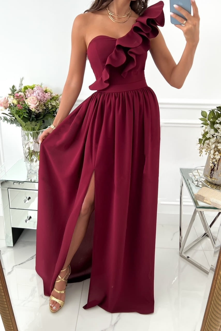 Damen Maxikleid Ein-Schulter Design Atmungsaktives Gewebe Festlich Sommer 4