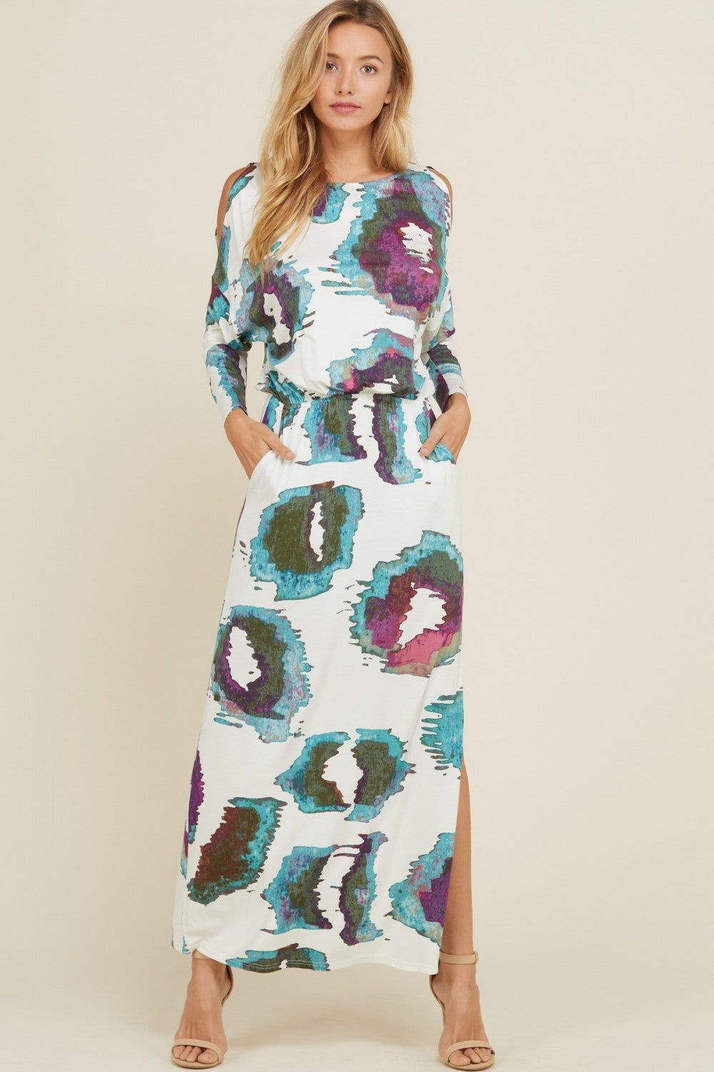 Damen Maxikleid Langarm Offene Schultern Strickstoff mit Seitenschlitzen 1