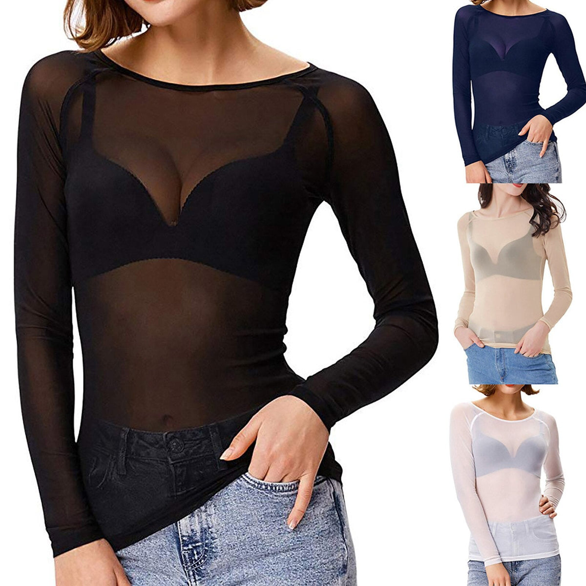 Damen Mesh Top mit langen Ärmeln und transparentem Design 5