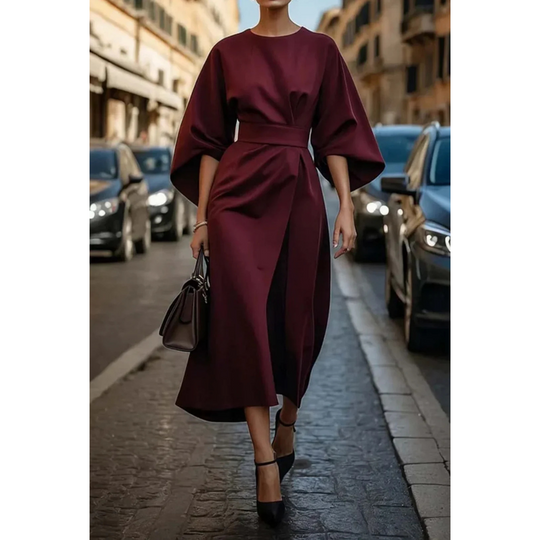 Damen Midi-Jurk mit Lantaarnmouwen und Taillengürtel 4