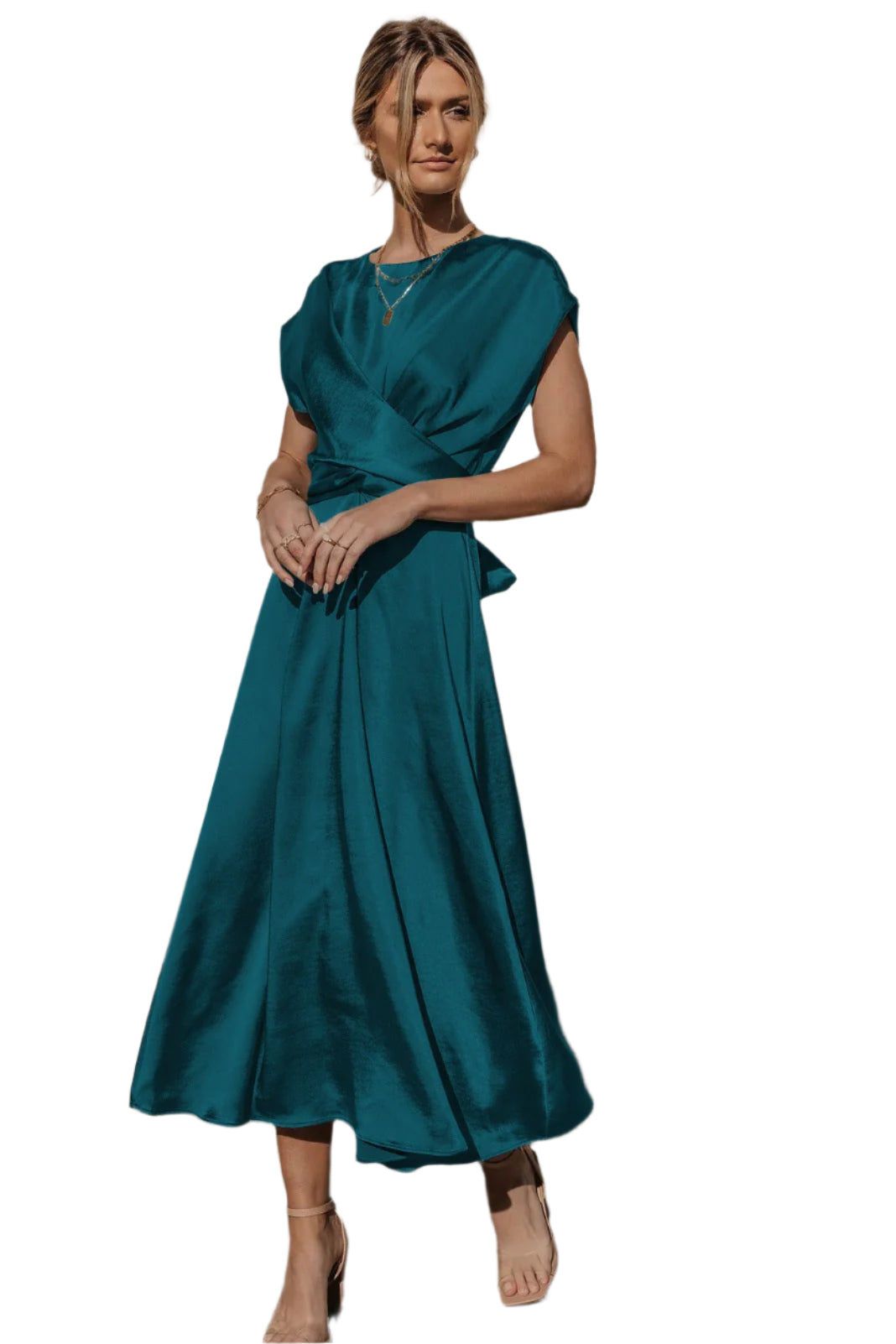 Damen Midi Abendkleid mit Gelaunten Ärmeln und Diagonalem Schnitt 0