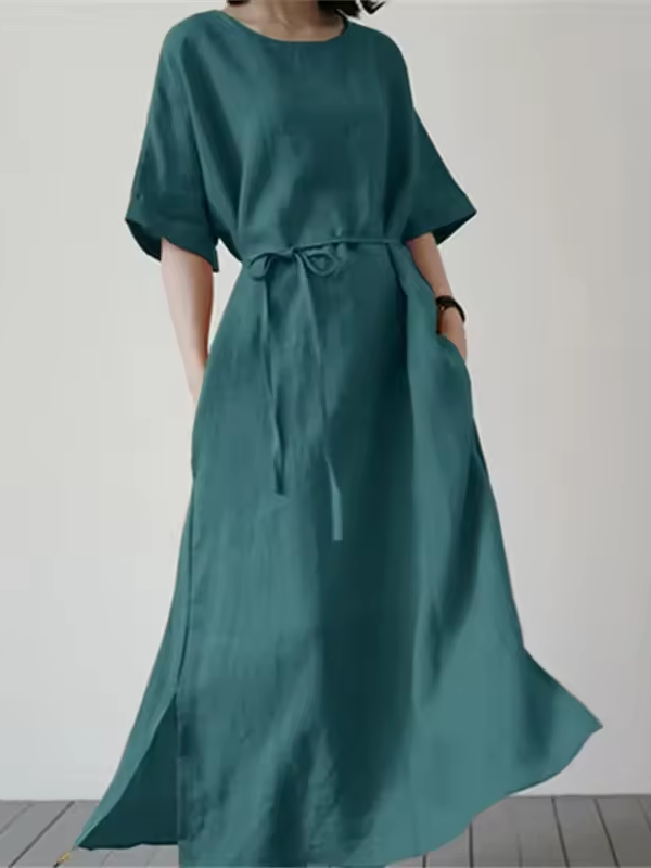 Damen Midi Kleid Mit Gürtel Und Seitenschlitz 5