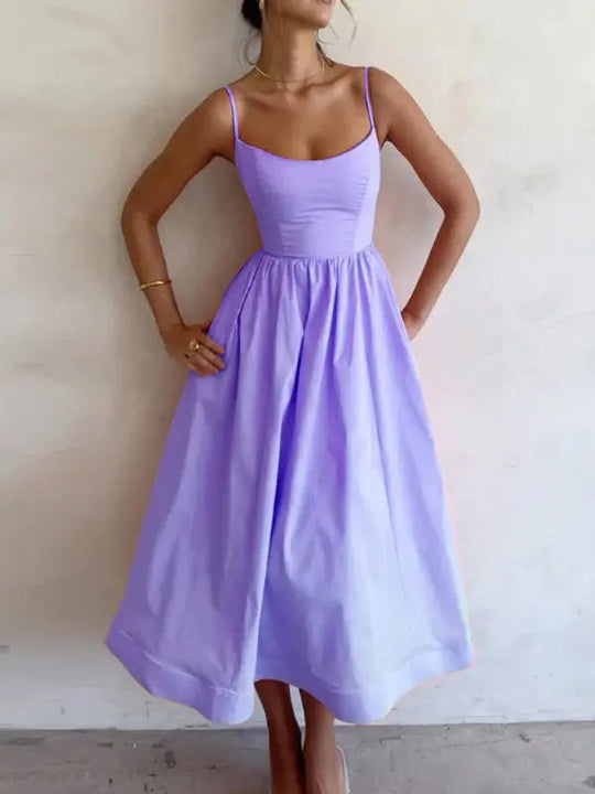 Damen Midi Kleid U-Ausschnitt Plissierte Spaghetti-Träger 4