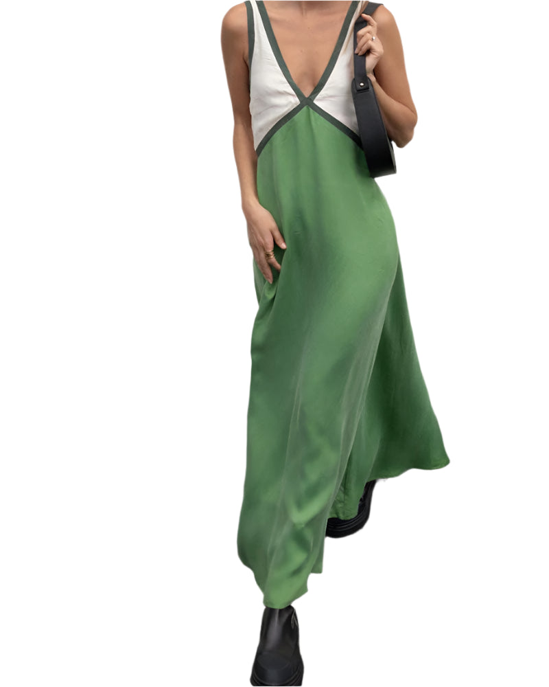 Damen Midi Kleid V-Ausschnitt Kontrastfarben 0