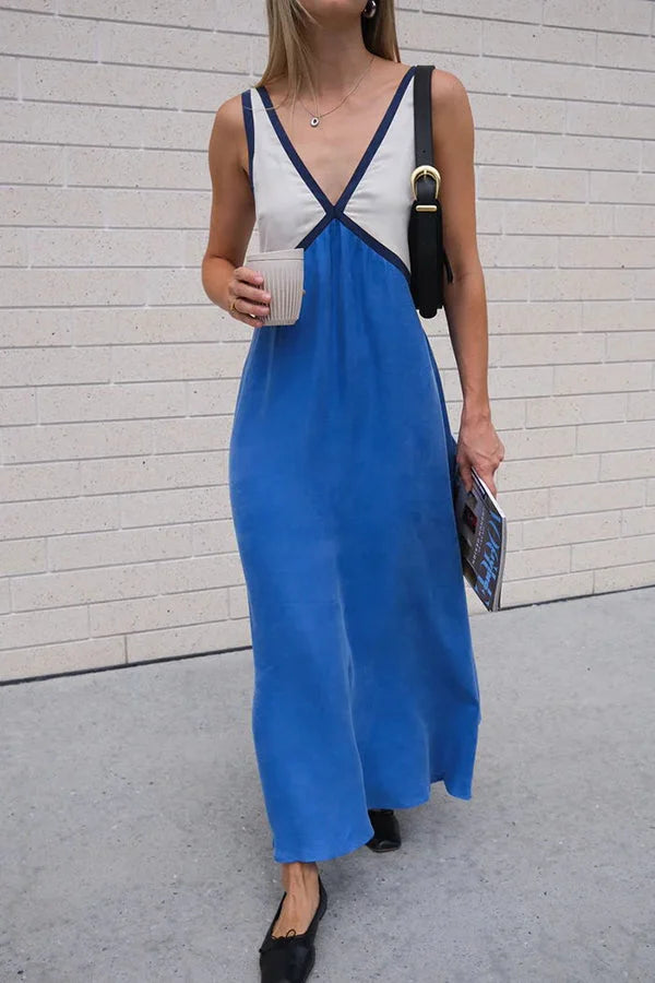 Damen Midi Kleid V-Ausschnitt Kontrastfarben 12