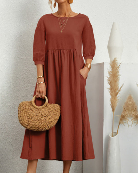 Damen Midikleid mit Rundhalsausschnitt und Laternenärmeln 10