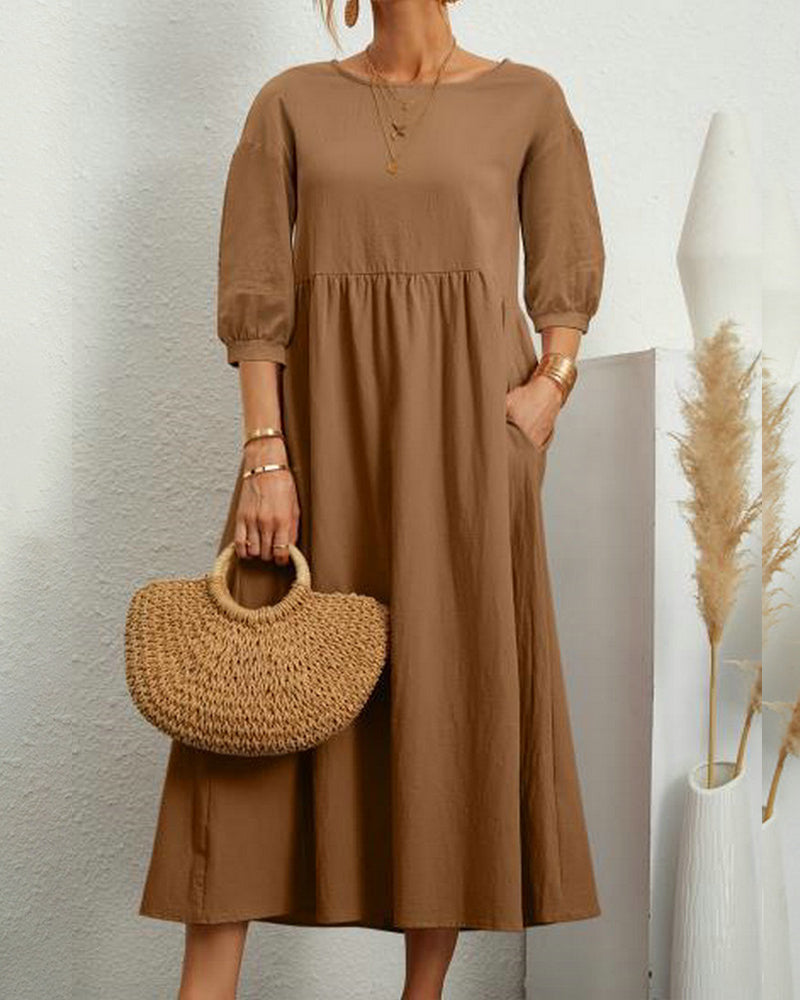 Damen Midikleid mit Rundhalsausschnitt und Laternenärmeln 3