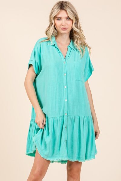 Damen Mini Kleid Button-Down Leinen-Mix 2