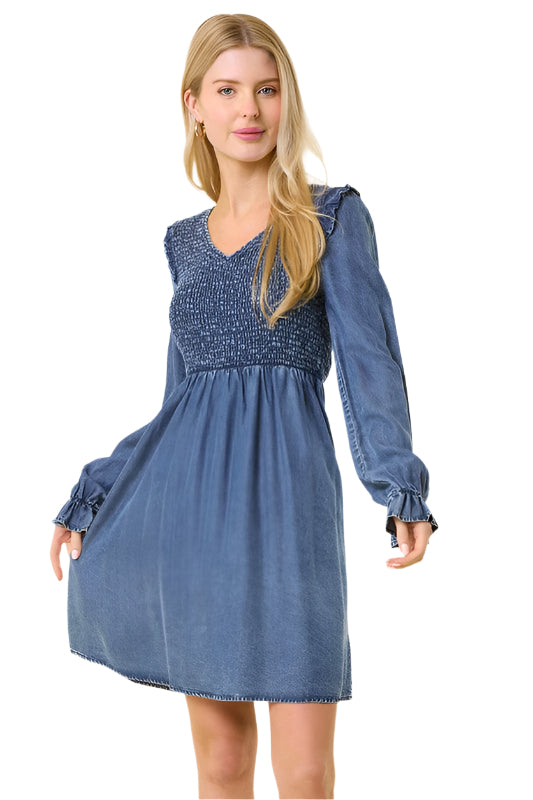 Damen Mini Kleid V-Ausschnitt Smocked Denim 0