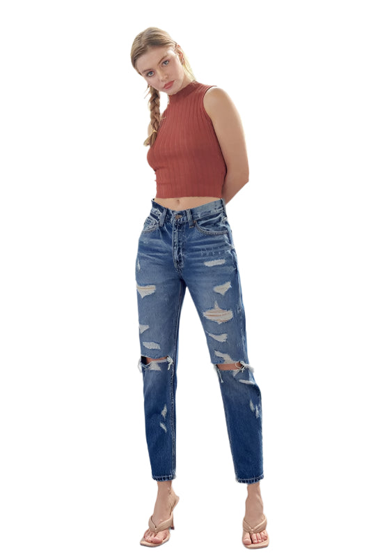 Damen Mom Fit Jeans Hochbund Denim 0