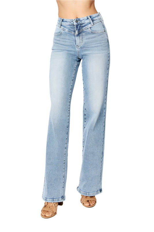 Damen Retro Jeans mit Hoher Taille und Yoke-Design 0