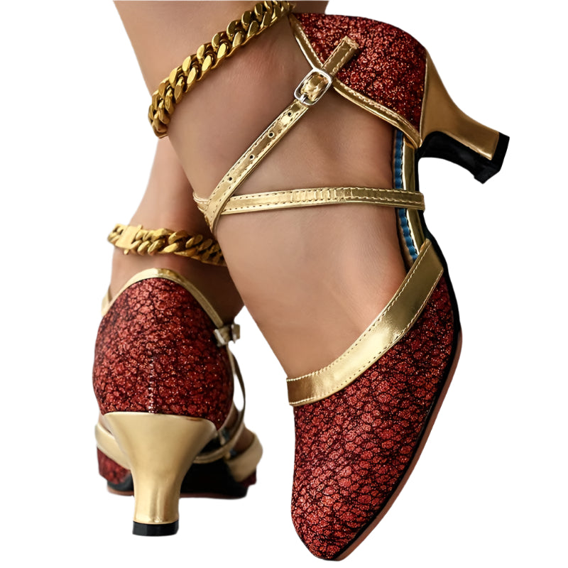 Damen Sandalen mit Schnallenriemen und Glänzender Oberfläche 0