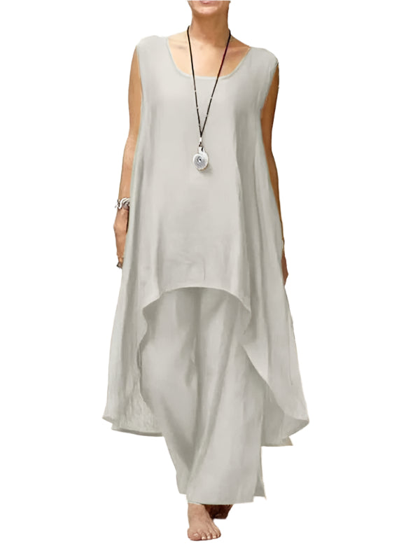 Damen Set Ärmellos Weite Hosen Baumwolle Leinen 0