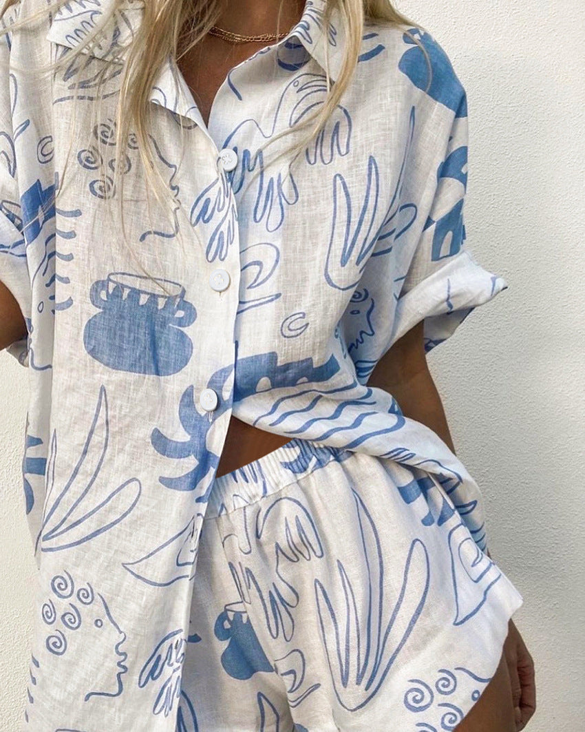 Damen Set Lässige Bluse und Shorts Atmungsaktives Gewebe 2