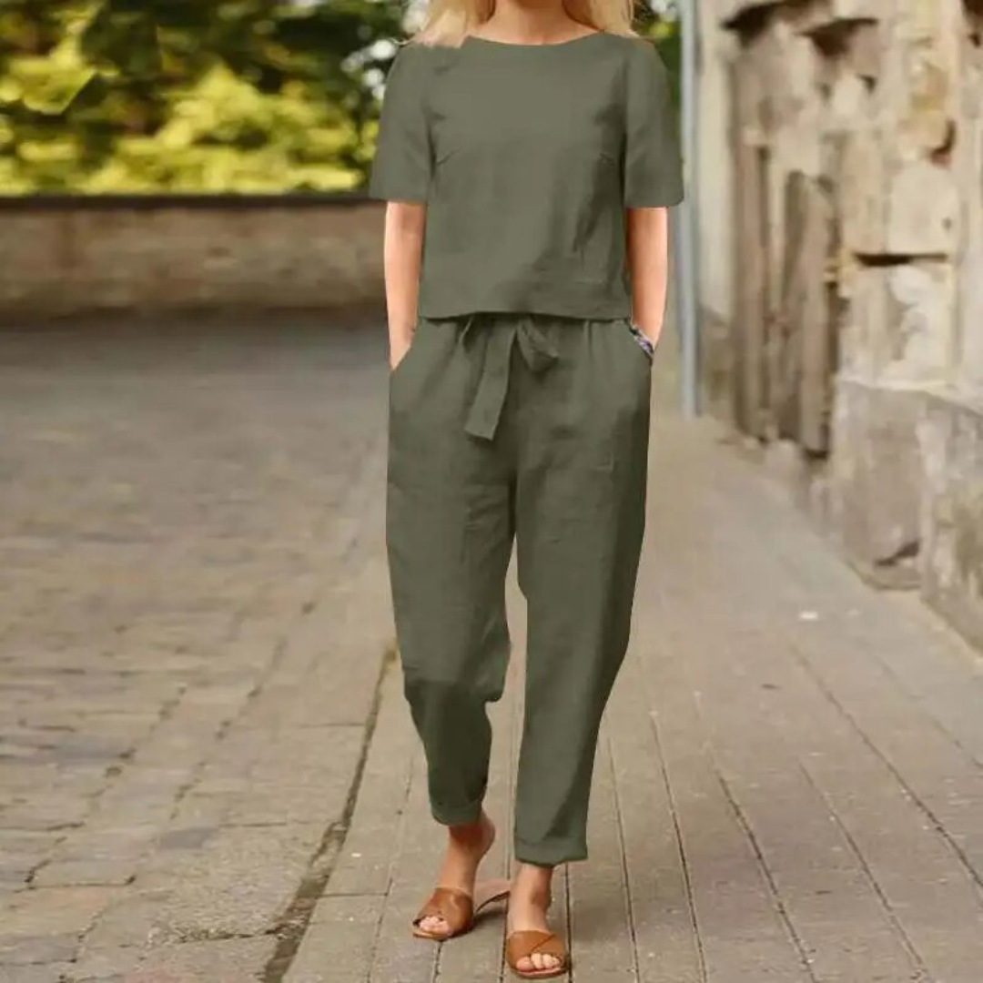 Damen Set Leinen Twin Set mit Hose und Top für Sommer 4