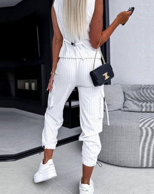 Damen Set Twin Set mit Gilet und Hose im Streifen-Design, Bequemer Stoff 3