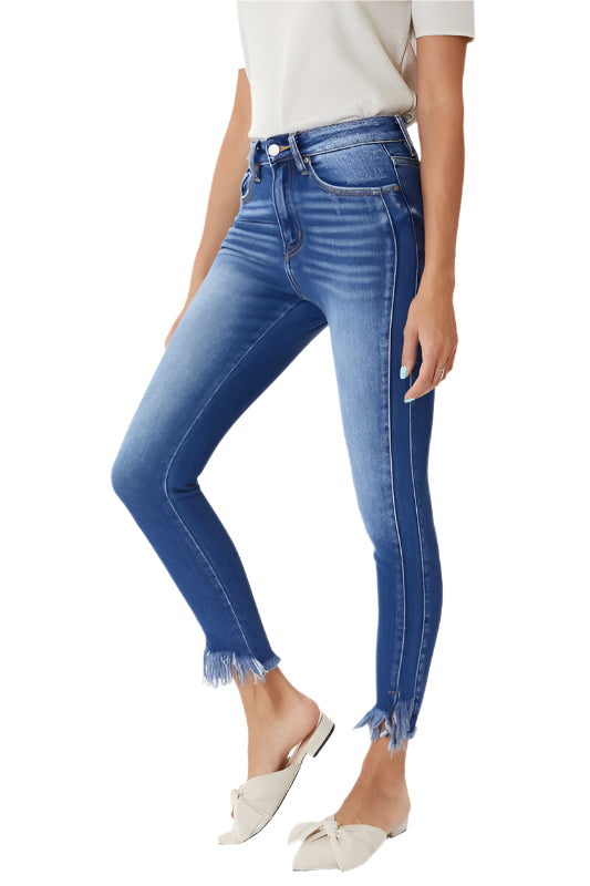 Damen Skinny Jeans mit hohem Bund und Saumdetails 0