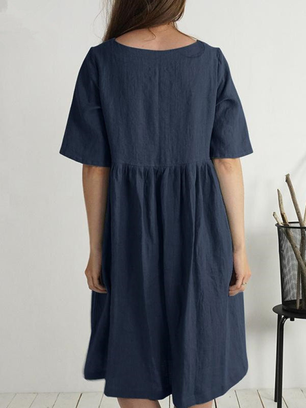 Damen Sommerkleid Rundhals Baumwolle Leinen Locker mit Taschen 1