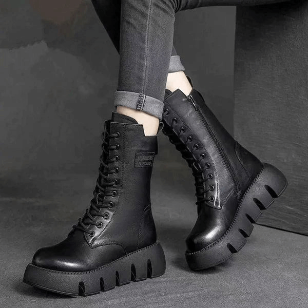 Damen Stiefel Mittelhoch mit Schnürung und Klobiger Sohle 1