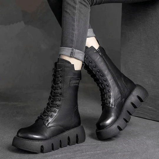 Damen Stiefel Mittelhoch mit Schnürung und Klobiger Sohle 1