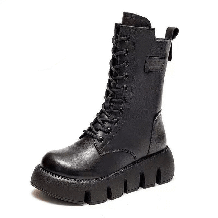 Damen Stiefel Mittelhoch mit Schnürung und Klobiger Sohle 2