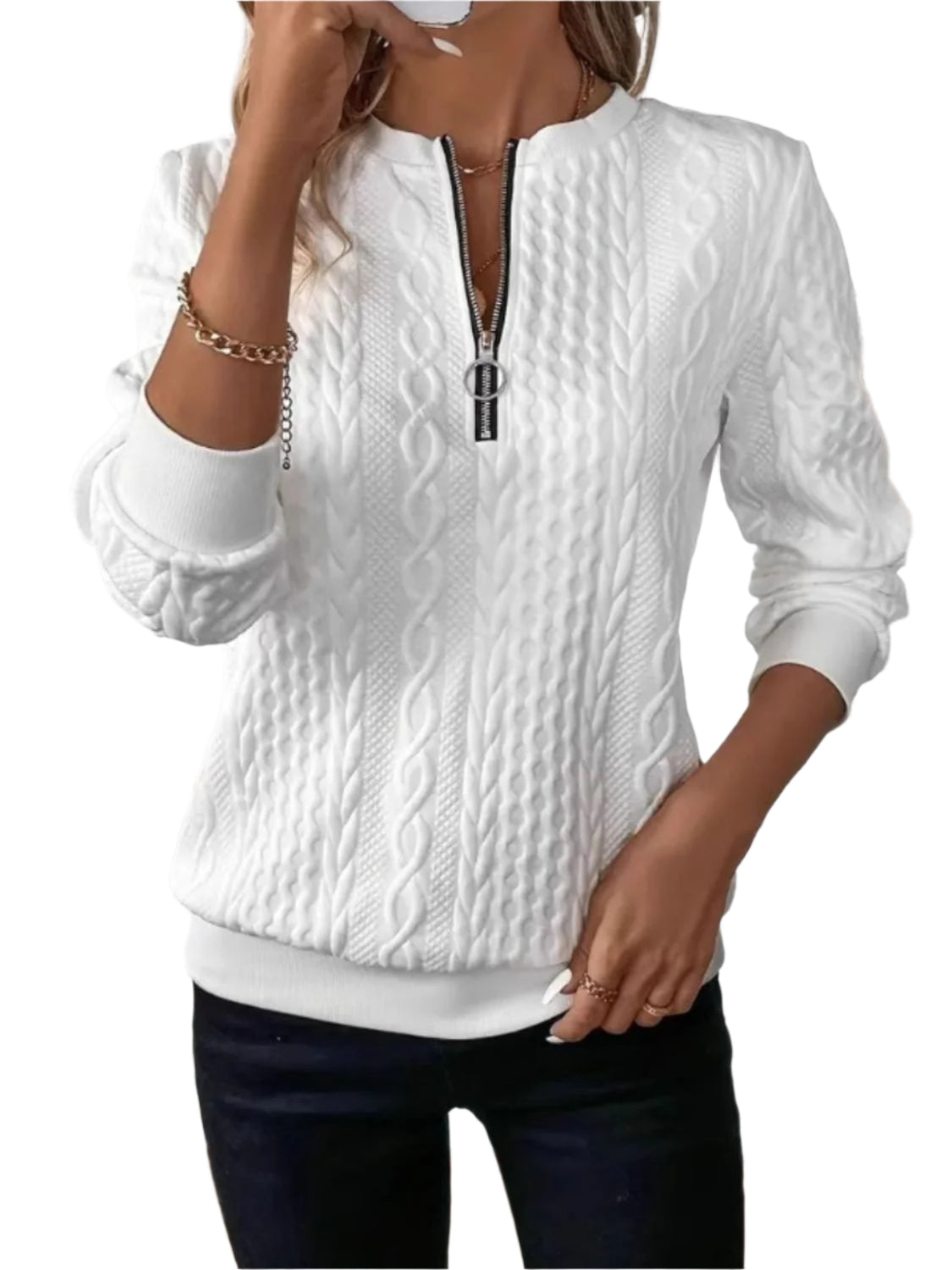 Damen Sweatshirt Halb-Reißverschluss Strukturierter Stoff Leicht Dehnbar 0