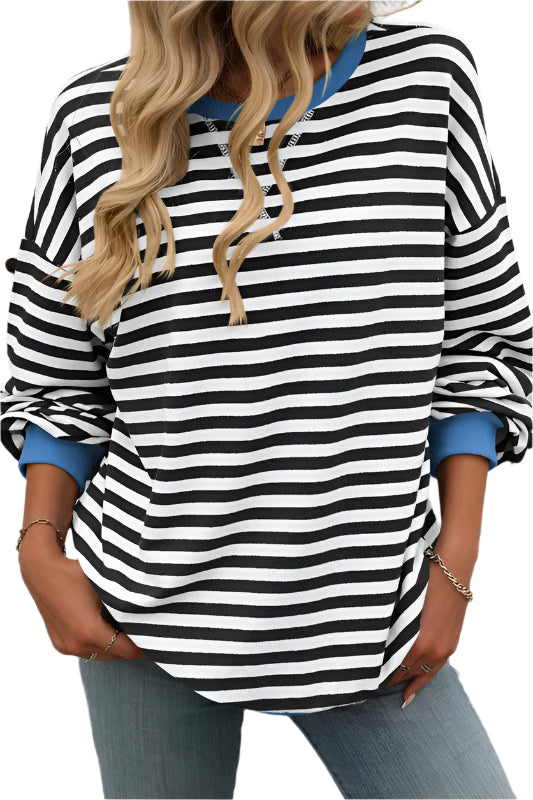 Damen Sweatshirt Rundhals Streifenmuster Baumwolle Lässig 0