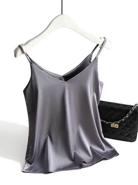 Damen Top V-Ausschnitt Satin Spaghettiträger Festlich Elegantes Glitzer Oberteil 2