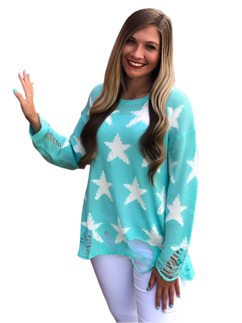 Damenpullover Rundhals Langarm Strick mit Sternenprint 0