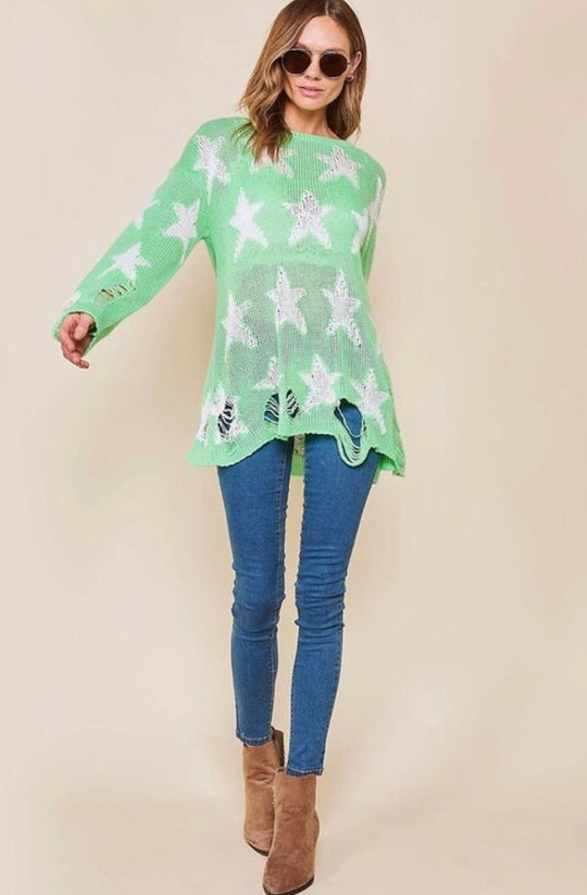 Damenpullover Rundhals Langarm Strick mit Sternenprint 2