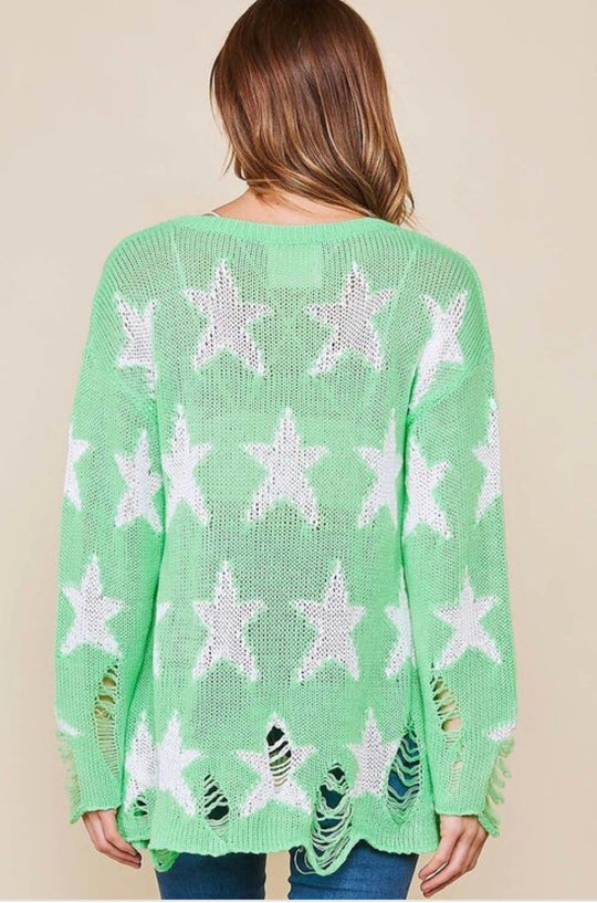 Damenpullover Rundhals Langarm Strick mit Sternenprint 3