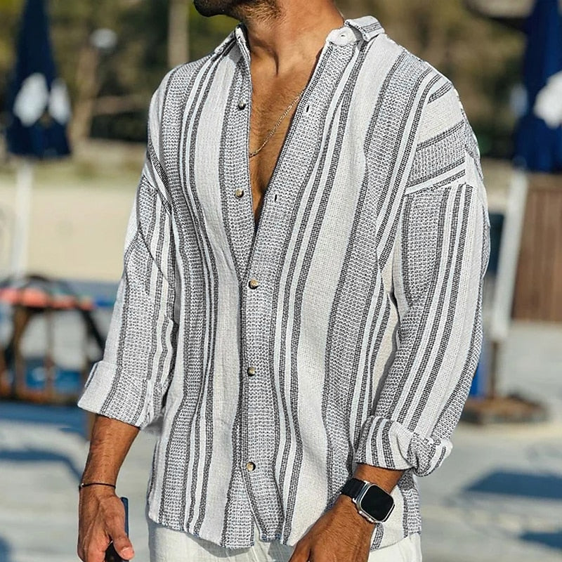 Variant image for Herren Hemd Gestreift Leinen Atmungsaktiv Sommer Hemd-17