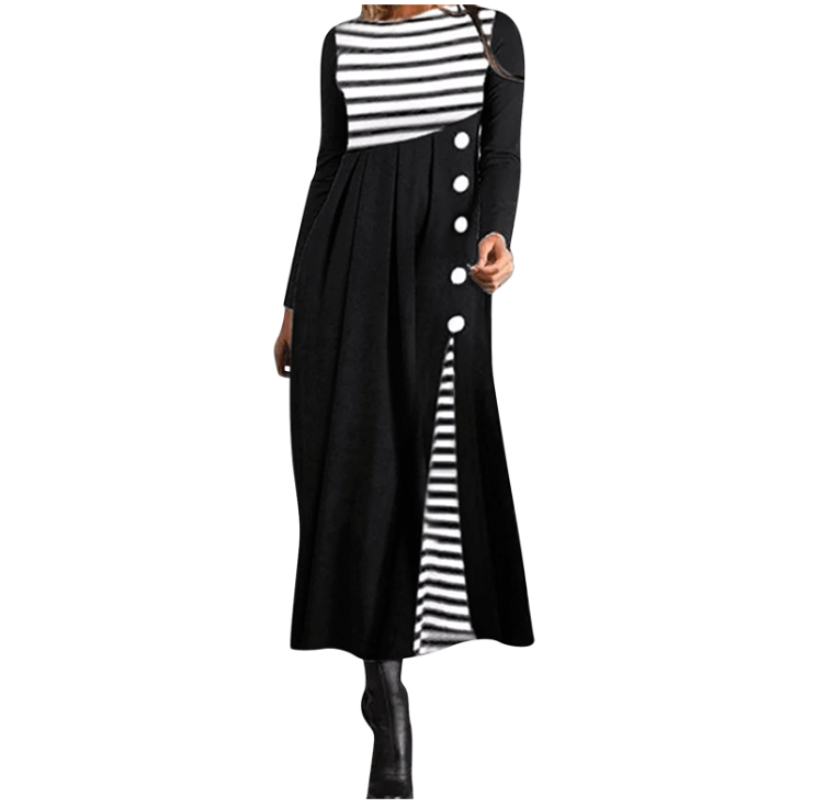 Gestreiftes Langärmeliges Patchwork-Kleid Für Damen