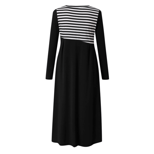 Gestreiftes Langärmeliges Patchwork-Kleid Für Damen