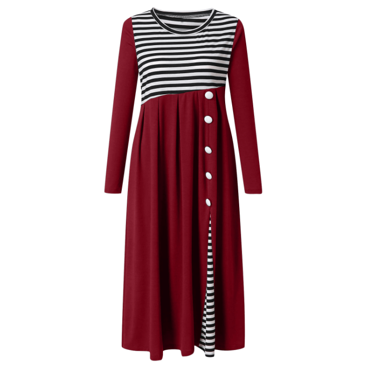 Gestreiftes Langärmeliges Patchwork-Kleid Für Damen