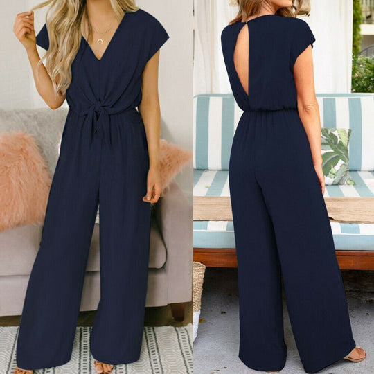 Damen Jumpsuit Luftig V-Ausschnitt Hoch Tailliert Weit Geschnitten-5