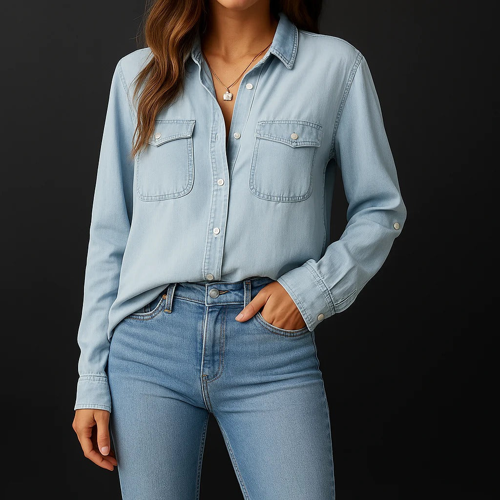 Herren Hemd Denim Klassischer Schnitt Entspannt Langarm 1