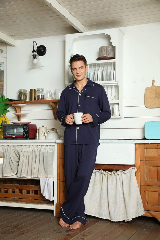 Herren Pyjama Set Klassisch Mit Knopfleiste Und Langen Ärmeln 2