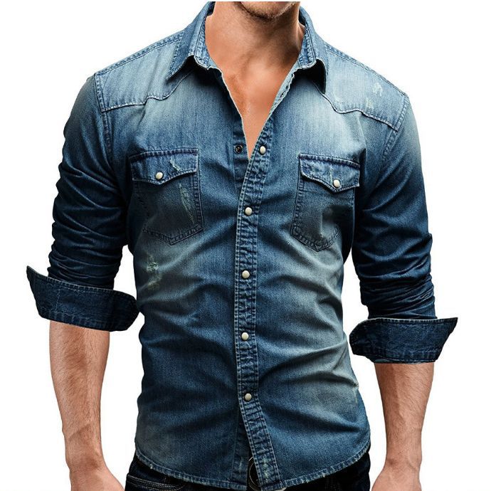 Herren Denim Hemd Retro Stil mit Knopf-Taschen