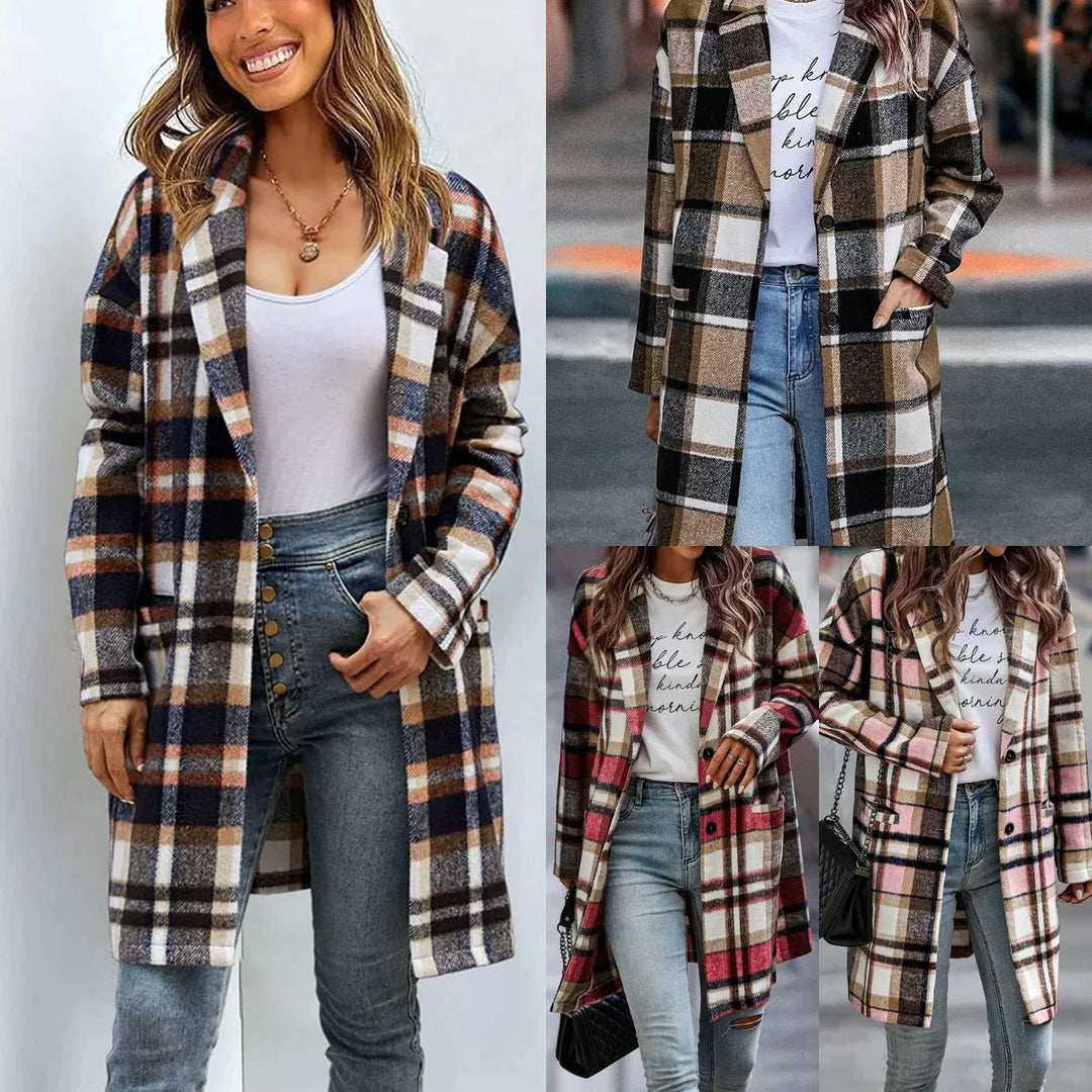 Damen Winter Mantel Karomuster Lockere Passform 100% Wolle-2