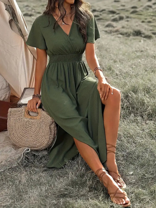 Damen Maxikleid Sommer Elegant V-Ausschnitt Leichtes Material-2