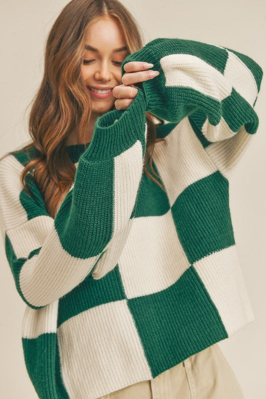 Oversized Pullover Karomuster für Damen in Grün 1