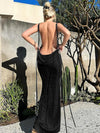Damen Maxikleid Schwarz Rückenfrei Elegantes Stretchstoff Langes Kleid-3