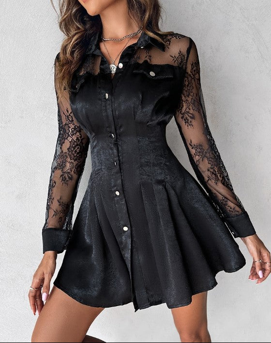 Damen Hemdblusenkleid mit Kontrastspitze Langarm für Festliche Anlässe-4